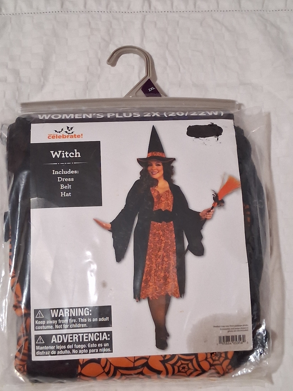 Women's Plus Black and Orange Witch Costume - Dress, Belt & Hat